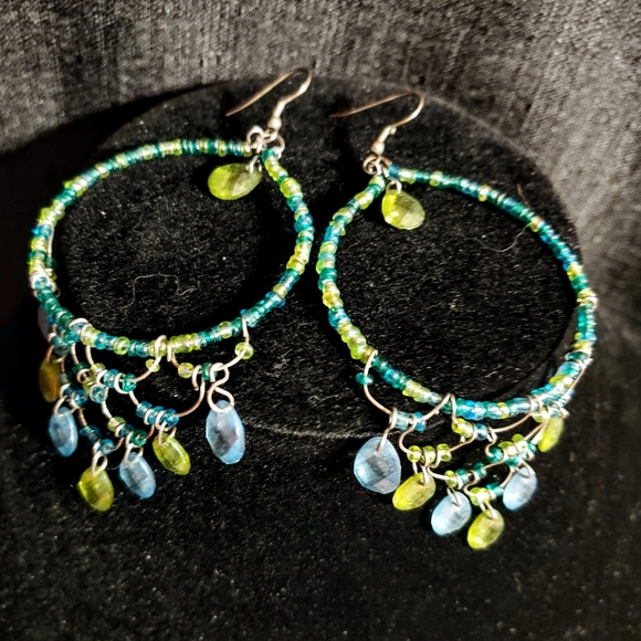 Blue and Green Gem Dangle Hoop Earrings - Picture 4 of 4